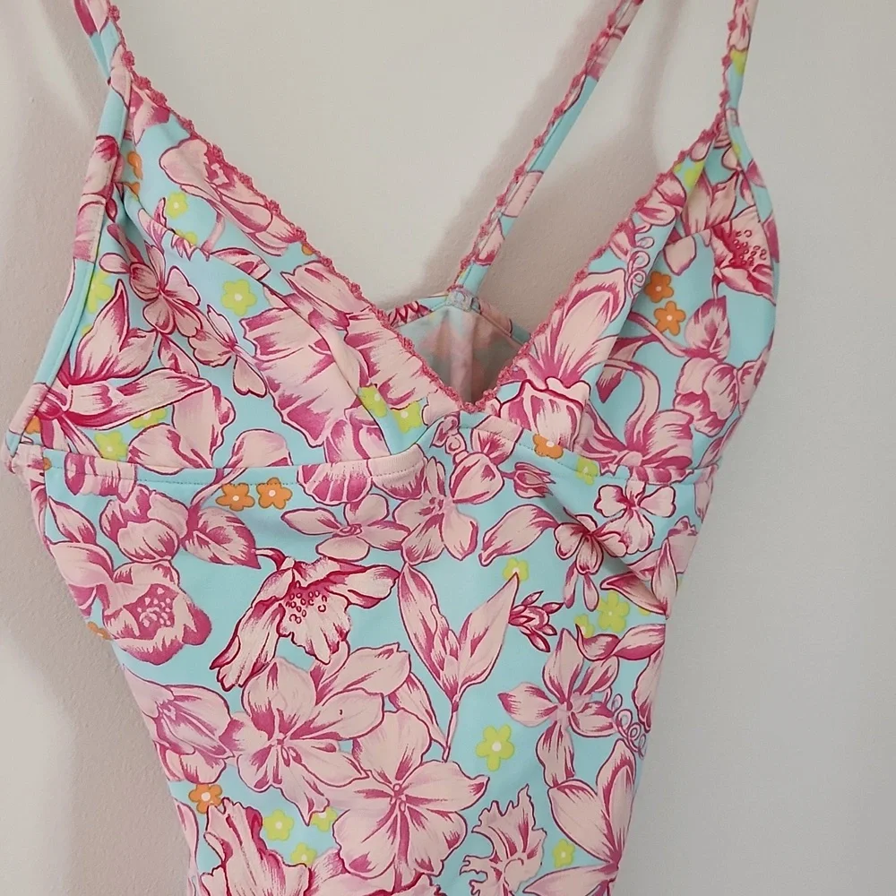 Rosa Ferrer one piece swimsuit pink and turquoise floral bathing suit size 10 - Picture 1 of 9